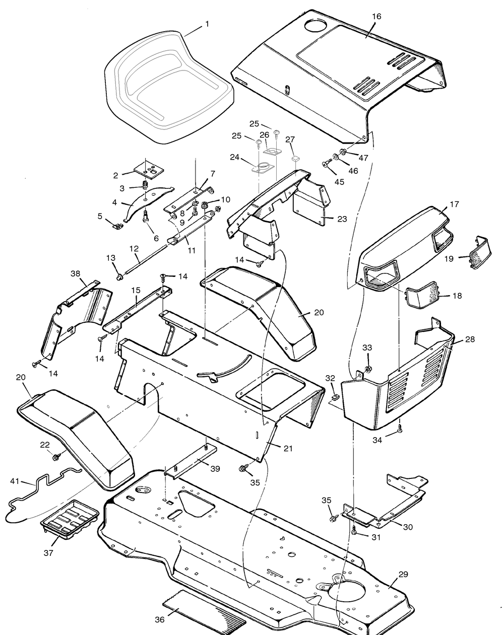 Chassis And Hood Diagram and Parts List for 38633X92A 1996 Briggs and Stratton Lawn Tractor